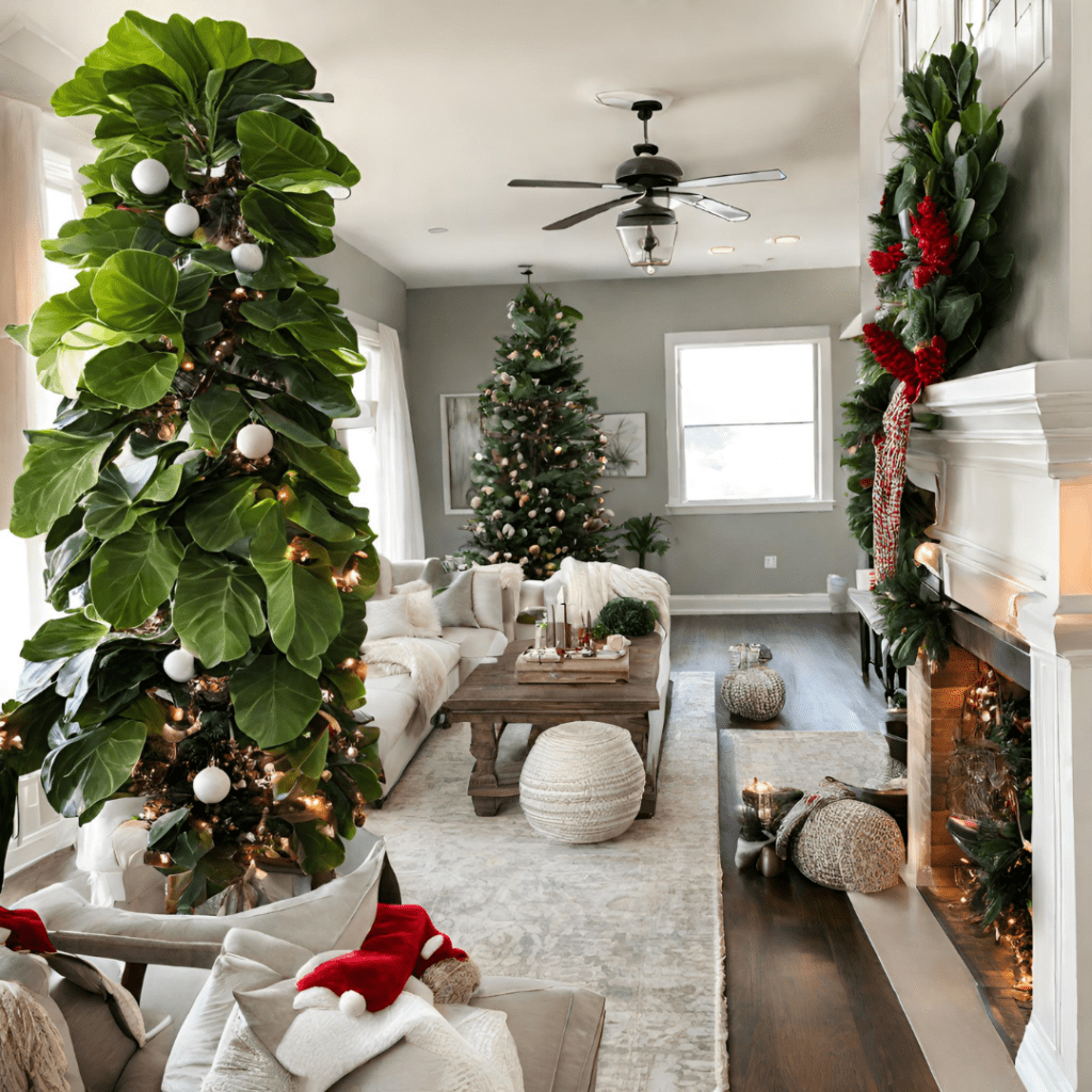 Discover unique fiddle leaf fig Christmas decor within this post. Transform your Fiddle Leaf Fig into a stunning Christmas showpiece.