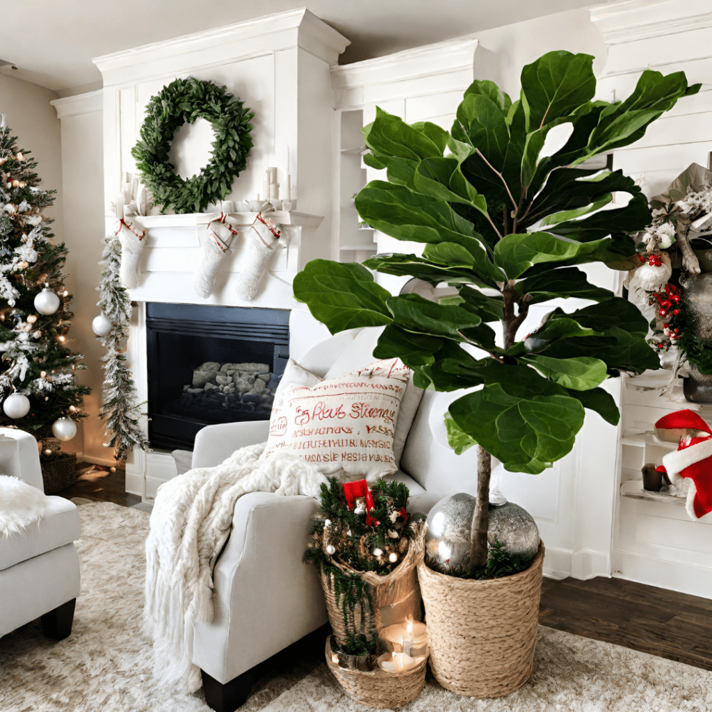 Discover unique fiddle leaf fig Christmas decor within this post. Transform your Fiddle Leaf Fig into a stunning Christmas showpiece.
