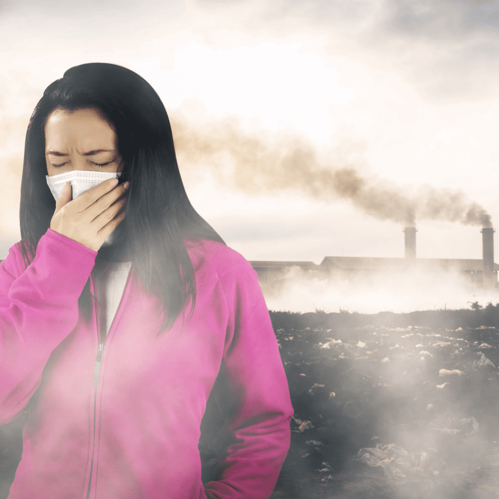 Woman in purple jacket wearing mask coughing from air pollution. With indoor plants air quality would be much better.